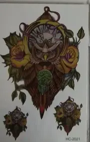 Brand New Temporary Tattoo Owl Clock 3 tattoos(1medium & 2small)
