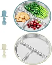 2 Pcs Baby Plate with Nonslip Suction Base Stainless Steel Toddler Divided Plate with Silicone Spoon Versatile Baby Snack Dish for Home School Daily Use(Beige + Blove,2 Pieces)