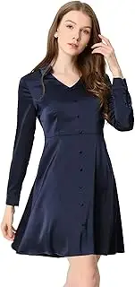 [Allegra K] Women's Satin V Neck Elegant Smooth Silky Button Decor A-Line Mini Dress