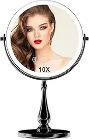 WIZCHARK 9 "Large Light Makeup Mirror, 1x / 10x True HD Magnifying Mirror, 3-Color LED Light dimmable, 2 Rechargeable Makeup Mirrors 360° Rotation, Standing Desk Makeup Mirror, Black
