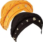 [Generic] 2 Pieces Cap Twisted Braid Hair Cover Wrap Turban Headwear for Women