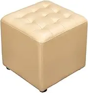 Exquisite Footstool Leather Upholstered Cube Pouf Ottoman Pouf Footstool Square Solid Wood Leather Living Room Coffee Table Small Bench Beige 40x40x35cm (16x16x14inch)