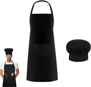 XUTONG Chef Aprons and Chef Apron Hat, Black Apron for Men Women, Waterproof Apron with 2 Pockets, Adjustable Neckband Apron for Kitchen Cooking Baking Garden BBQ