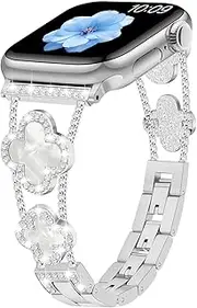 Sixmoat Straps Compatible with Apple Watch Strap for Women 38mm 40mm 41mm 42mm 44mm 45mm 46mm 49mm, Bling Bracelet Designer Dressy Clover for iWatch Band Series Ultra SE 10 9 8 7 6 5 4 3 (Silver)