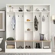 Merax 66.9" Wide Hall Tree with Storage Bench, Shoe Cabinet with Cube Storage & Shelves, Coat Rack with 8 Hooks for Entryways