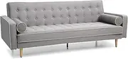 Sofia 3-Seater Sofa Bed Living Room and Bedroom Furniture Scandinavian-Inspired Couch MDF Frame Polyester Fabric Button Tufted Upholstery Durable Dark Grey 84H x 215W x 86D CM Grey with White Piping