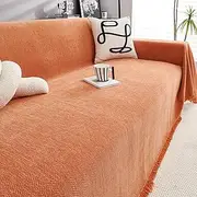 Cream Chenille Sofa Cover, (Stylish Universal Boho) Sofa Towel, Dog and Cat Sofa Cover, Sofa Cover, Non-Slip, Anti-Cat Scratch, All Seasons, Multipurpose Blanket with Fringe (Orange, 180 * 300)