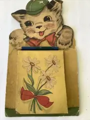 Vintage Hanging Happy Kitten Pencil and Memo Pad Set