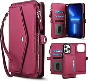 [Nexue] Case for iPhone 13 Pro Max,Shoulder Strap Hand Strap,PU Leather Magnetic Snap Zipper Wallet Soft TPU Card Holder Case with RFID Blocking,Red
