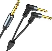 Tunghey 1/4 Insert Cable - TRS Stereo to Dual Right Angle TS Mono Y-Splitter Breakout Cable - 6.35mm Male Connectors - 1.5M