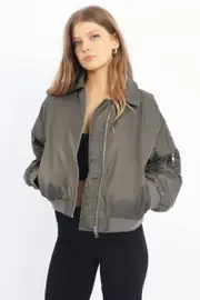 Grey Bomber Jacket Collared - Size 6XXS, Women's Jacket