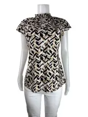 Anne Klein Top XL Multicolor Blouse Cap Sleeve High Neck