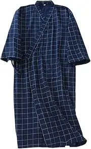 [YMMMY ROSE] Men Cotton Kimono Robe Bathrobe Sleepwear Nightgown Soft Lightweight Yukata Lounge Robe Knee Length Spa Pajamas