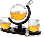 850ml Whiskey or Wine Globe Glass Decanter Set - 2X Glasses + Wooden Stand