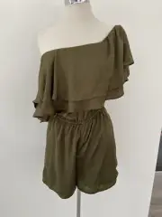MOSSMAN Jumpsuit Playsuit Women size 10 Green One Shoulder The Ripple Effect