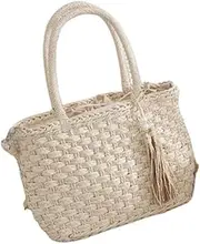 [LIUQIONGHUA] Straw Bag Straw Hand-held Crossbody Vacation Beach Bag Paper Rope Three-strand Braided Bag Straw Bags For Women, White, Small