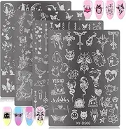 4Pcs Gothic Cute Nail Stamping Plate Set - Dark Kawaii Nail Art Templates, Stainless Steel Spooky Sweet Nail Stamp Plates with Skull & Lace Patterns for DIY Manicure Printing Tools