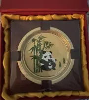 chokin art 24kt gold plate Ashtray In Original Packaging Giant Panda With Baby