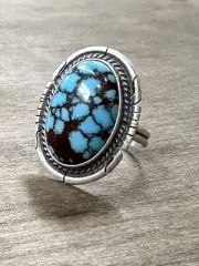 Navajo Sterling Silver Prince Turquoise Handmade Ring By Dave Skeets Sz-9.5