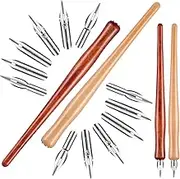 14 Pieces Dip Pen Nibs Holders with Comic Pen Nib Set Calligraphy Wooden Drawing Pen Holder with Stainless Steel Pen Nib for Writing Painting Signing Present