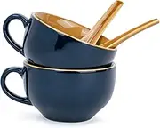 Shay Ceramic Soup Bowl Set with Spoon, Set of 2, Persian Blue, 350ml | Soup Mug | Soup Cup | Soup Set | Glossy Finish | Soup Bowls Ceramic | Premium Stoneware|Microwave Safe (Soup Cup -Blue)