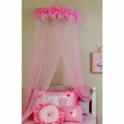 Girls Pink Feather Boa Hoop Canopy Netting Sheer Mosquito Twin Full Princess Bed