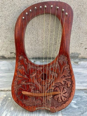 10-String Rosewood Lyre Harp Celtic Hand Carved w/ Bag, Key & Strings