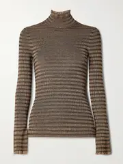 [Proenza Schouler White Label] Proenza Schouler White Label - Phyllis Ruffled Striped Ribbed-knit Turtleneck Sweater - Brown - large large Brown