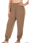 Zenana Pants Womens Joggers Lounge Shirred Waist Mocha Plus Size 1X 2X 3X