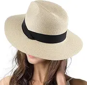 [AZIDWERYQ] Sun Hats for Women, Classic Wide Brim Beach Hat with Black Ribbon, UV Protection Adjustable Foldable Lightweight Straw Hat for Beaches, Parks, Camping, Vacations Sun Hats for Women