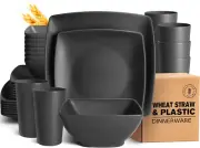 32-Piece Plastic Wheat Straw Square Dinnerware Set for 8, Black