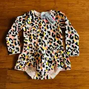 Bonds Girls Pink Orange Black Leopard Print Long Sleeve Balletsuit Size 2 BNWT