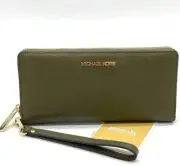 Michael Kors Continental Wallet Wristlet Army Olive Green Leather 35T7GTVE7L
