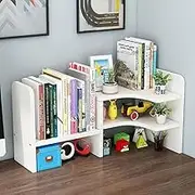 Hbluefat Corner Desktop Bookshelf Organizer, Adjustable Wood Tabletop Small Bookcase, Counter Top Display Storage Shelf/Rack for Home Office (White)