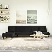 L-Shaped Sofa Bed, Black Velvet Upholstery, Convertible Sleeper Sectional Couch for Living Room, Apartment Spaces