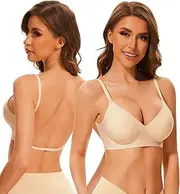 [BOUFOR] Deep V Neck Backless Bra Padded Bralette Push Up Seamless Low Cut Wire-Free Convertible Low Back Bras for Women