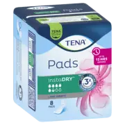 TENA Pads InstaDry Long Length 8 Pads BodyShape Fit Fast Absorbing 12h Dryness