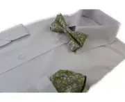 Mens Green With White Flowers Bow Tie & Pocket Square Set Cotton