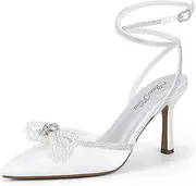 [Mofri] Women's High Heels Closed Toe Heels Adjustable Rhinestone Ankle Strap Pumps Pearl Bow Heels Wedding High Heels Bridal Party Dress Shoes Sandals
