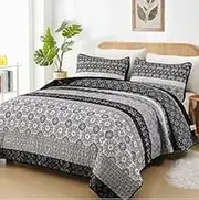 WONGS BEDDING Boho Quilt Set Full Size,Black Bohemian Striped Patchwork Bedspread Set,3 Pieces Microfiber Bedding Set for All Seasons (78"x90")