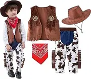 Halloween Cowboy Costume for Boys, Kids Brown Western Costume, Deluxe Cowboy Outfit Set with Hat for Toddler Halloween Dress-up, Cosplay Themed Party