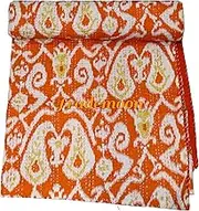 Beautiful Indian Handmade Cotton Kantha Quilt, Ikat Flower Pattern with Colorfull Accents, Traditional Indian Blanket Size (Single 60" x 90")