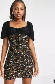 ASOS DESIGN mini broderie mix mini ruched dress in ditsy print in black