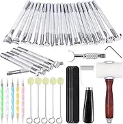 Leather Stamping Tools - Leather Carving Tool Kit, Saddle Making Tools Set, Swivel Knife, Leather Working Hammer, Cutting Knife, Wool Daubers, Frosted Strip for Leather Stamping, Carving