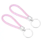 2Pcs Braided Leather Keychain PU Key Ring Woven Ornament Lanyard Strap, Pink