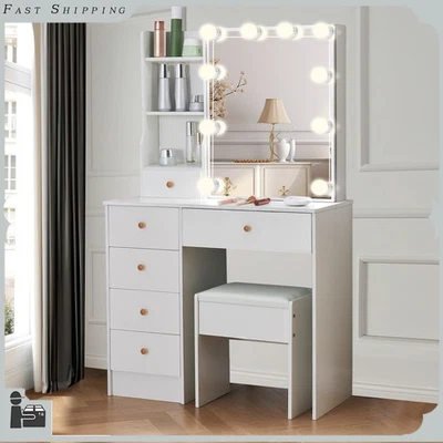 Dressing Table with LED Mirror & Stool Set Girl Make Up Vanity Desk 6 Drawers