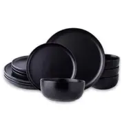 Ceramic Dinnerware Sets, Wavy Rim Stoneware Service for 4 - 12 Pcs Matte Black