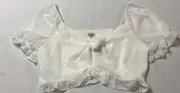BCBG White Ruffle Puff Sleeve Cropped Blouse Front Tie NWT SIZE Large