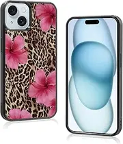 Axulimin Cute Pink Hibiscus Flowers Leopard Cheetah Print Aesthetic Phone Case for iPhone 15 Case for Women Girls -6.1Inch