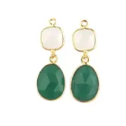 Double Stone Green Onyx White Chalcedony Gold Plated DIY Earring Pair Connectors
